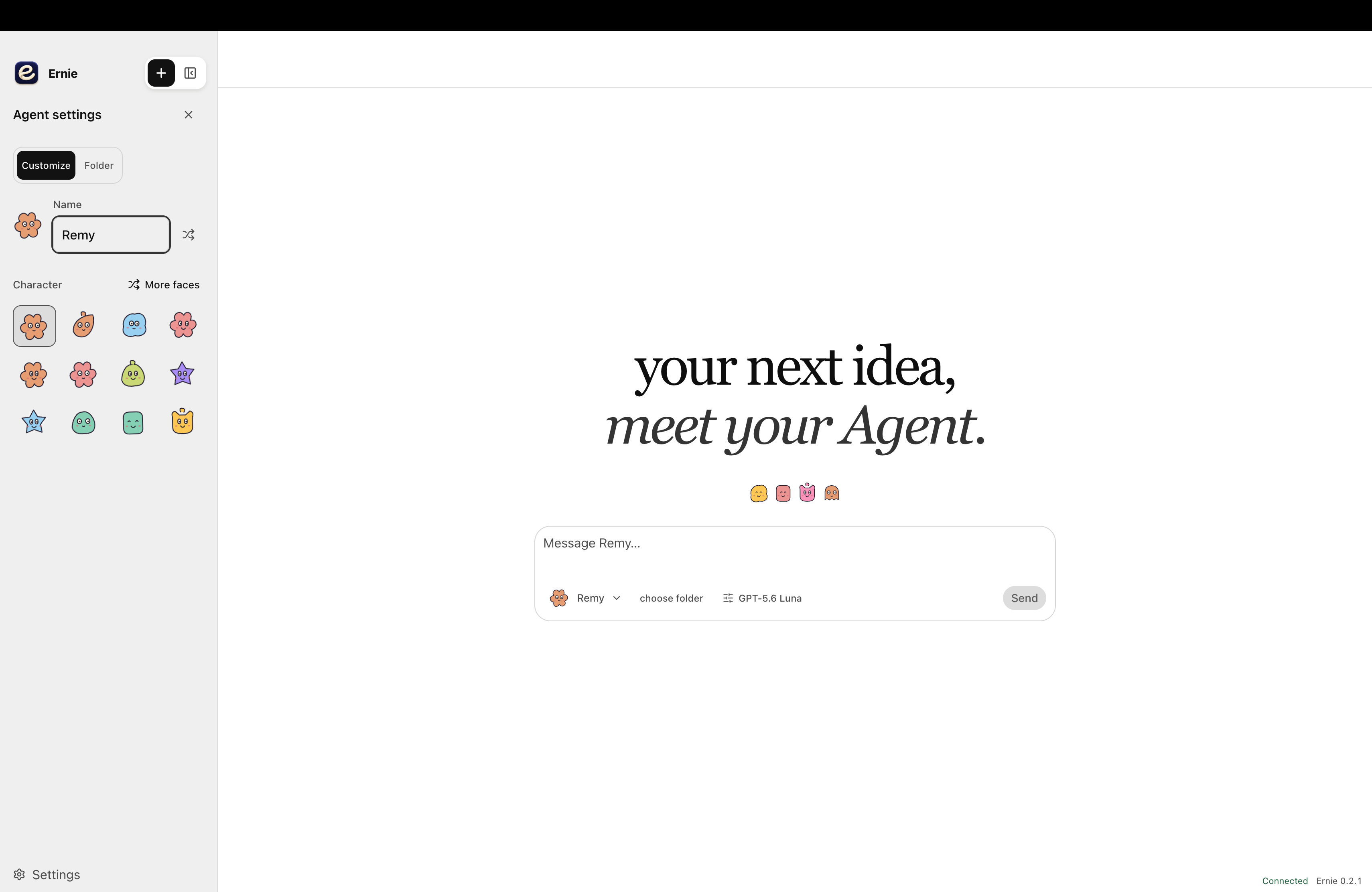 Ernie agent settings with a name field and a selection of colorful characters.