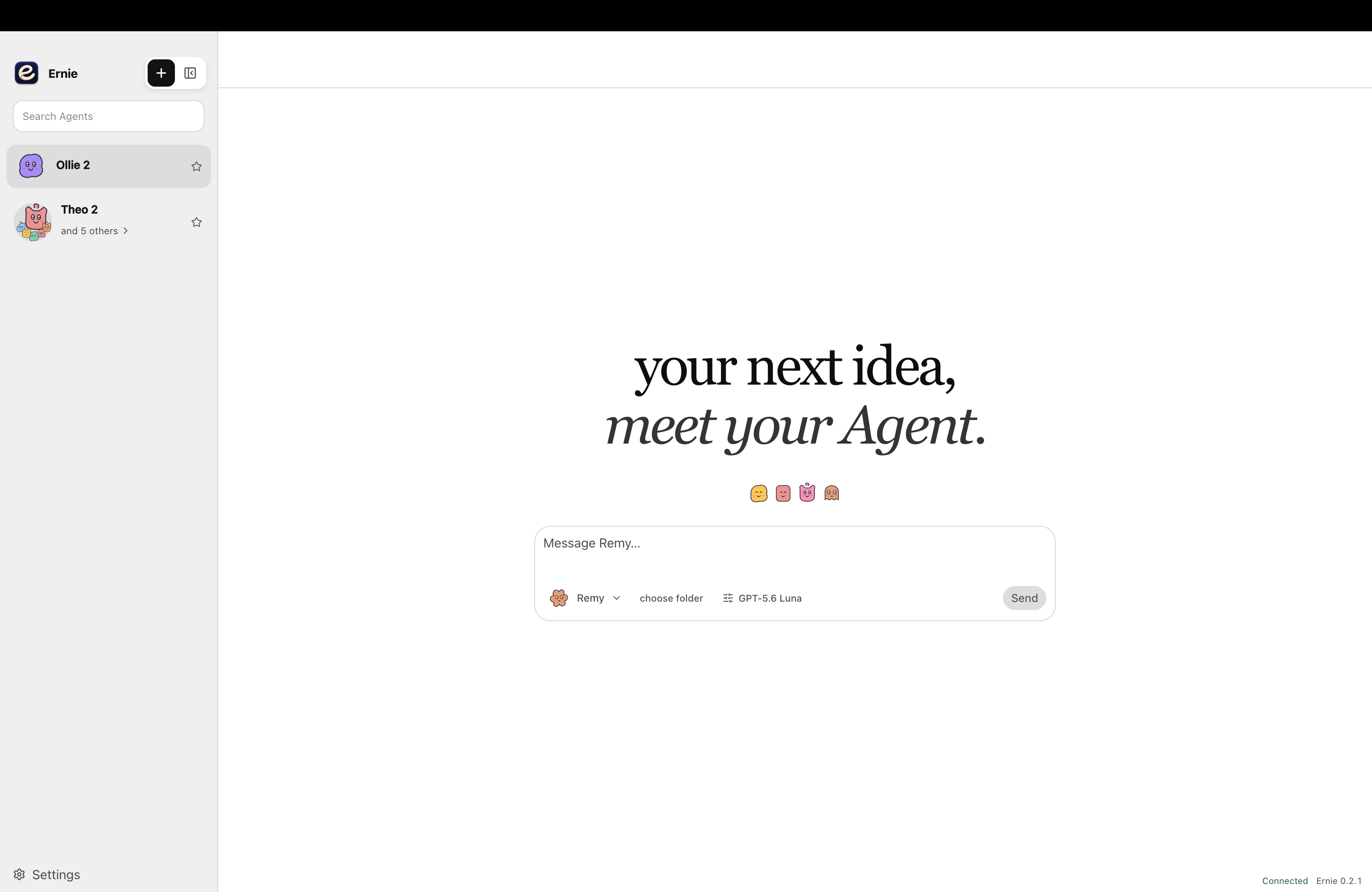 Ernie home screen with agents in the sidebar and a message composer for Remy.