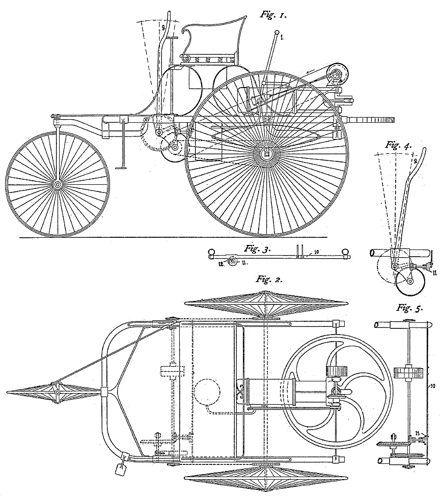 Patent drawings showing the Benz Patent-Motorwagen from the side and above