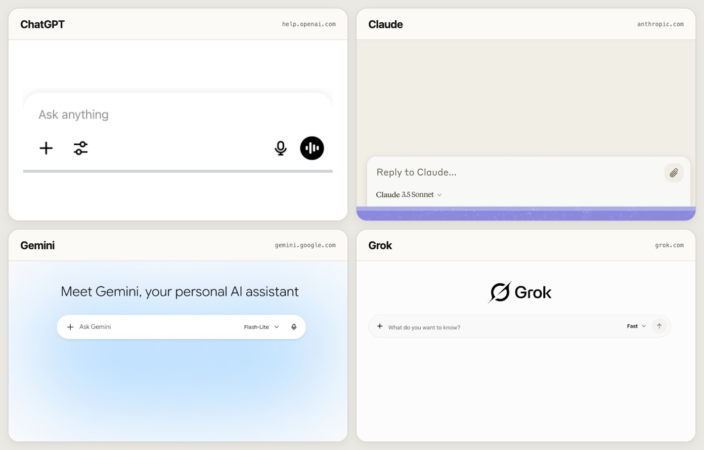 A four-panel comparison of chat input boxes from ChatGPT, Claude, Gemini, and Grok