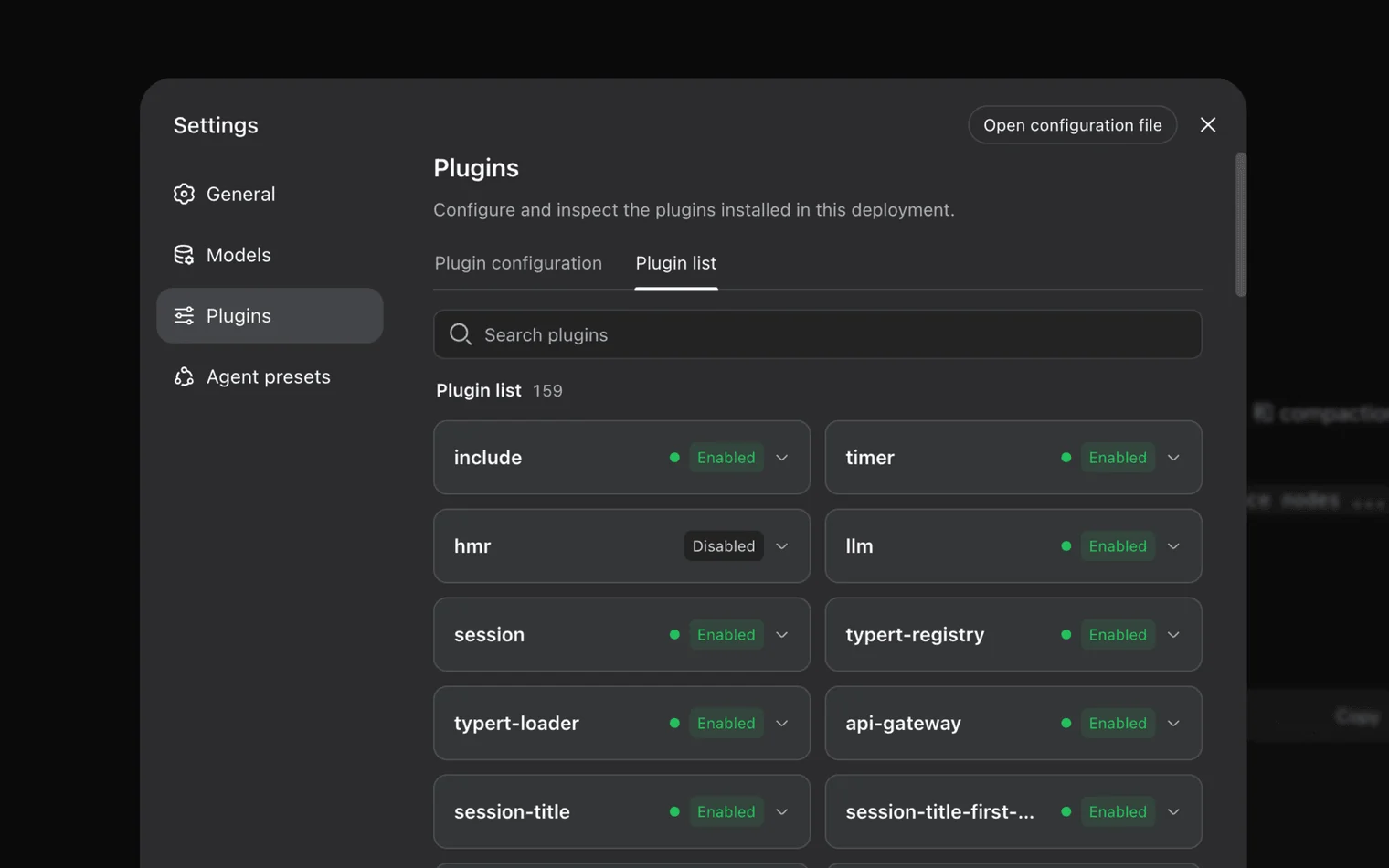 DeepSeek Harness settings displaying a searchable list of enabled and disabled plugins