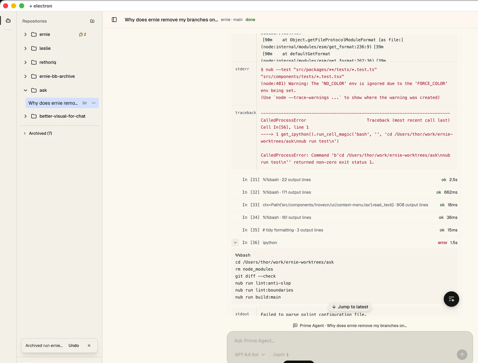 An Ernie workspace with repository navigation and a Prime Agent session showing command output