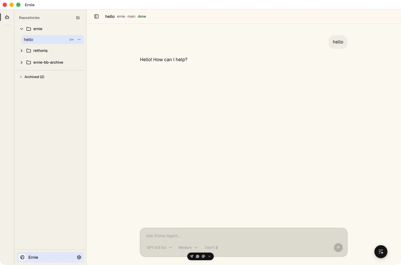 A short conversation with Prime Agent inside the Ernie macOS app