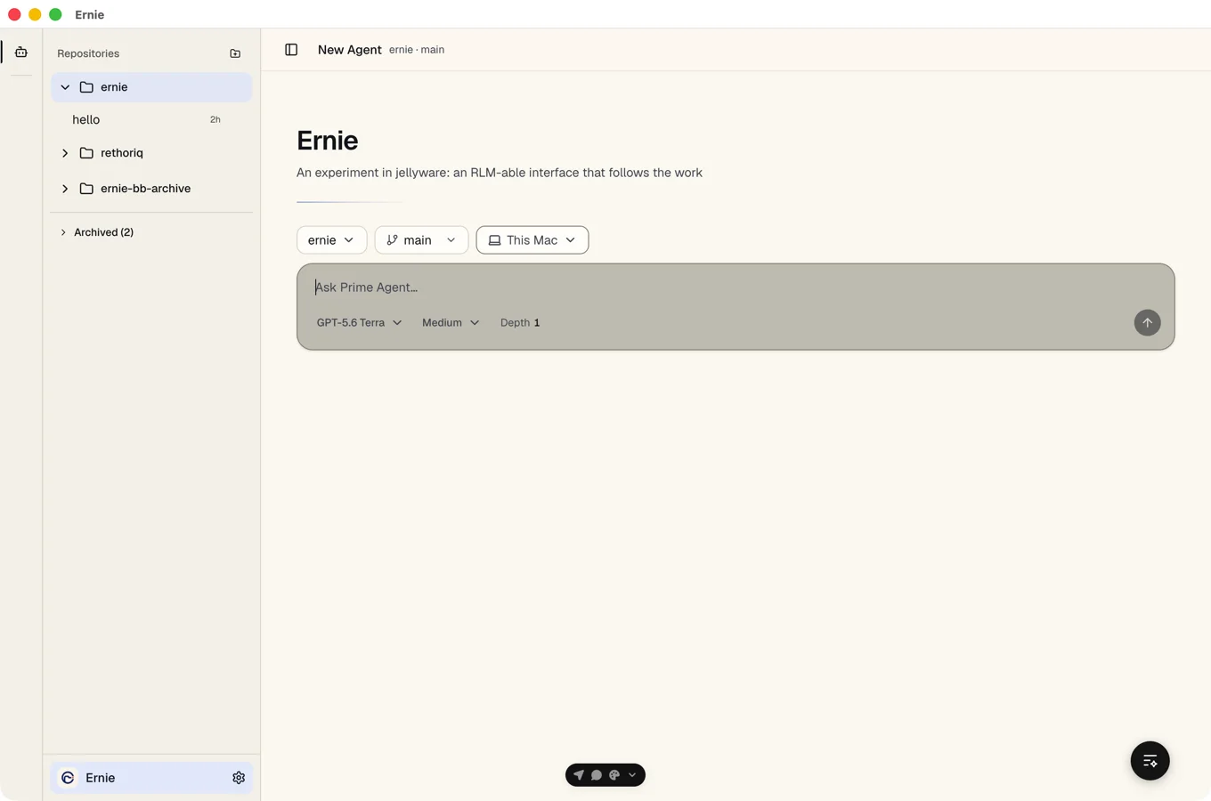 Ernie showing repositories, linked worktrees, and saved Prime Agent sessions in its macOS workspace